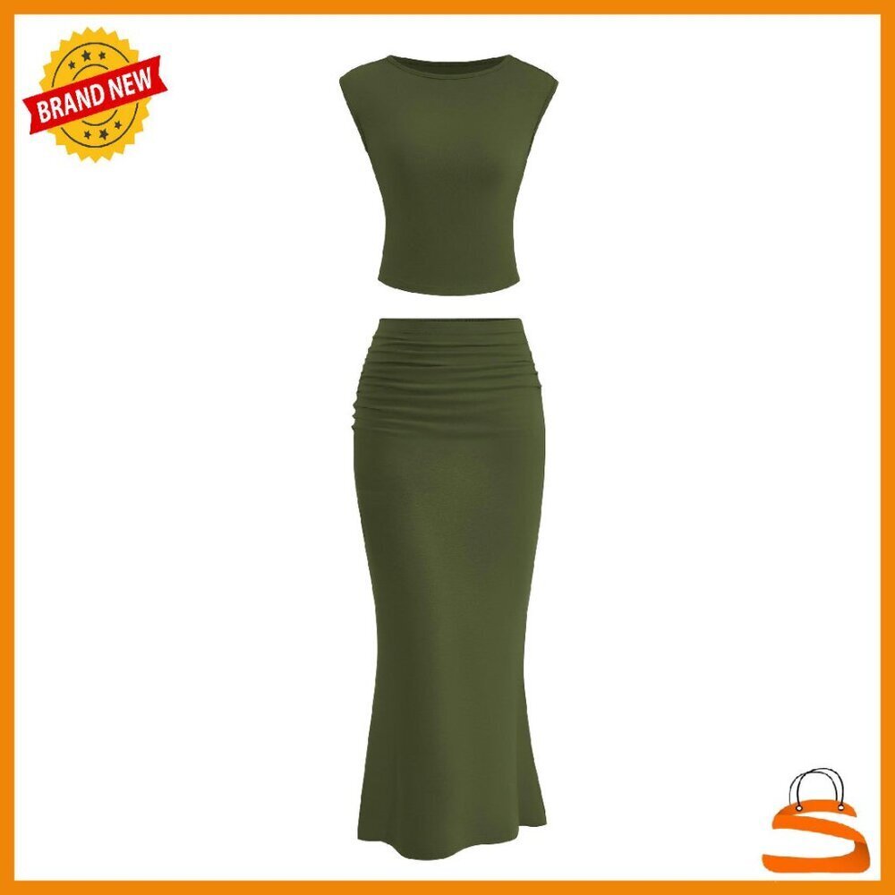 2 Piece Maxi Skirt Set Crop Top Ruched Bodycon Summer Outfit